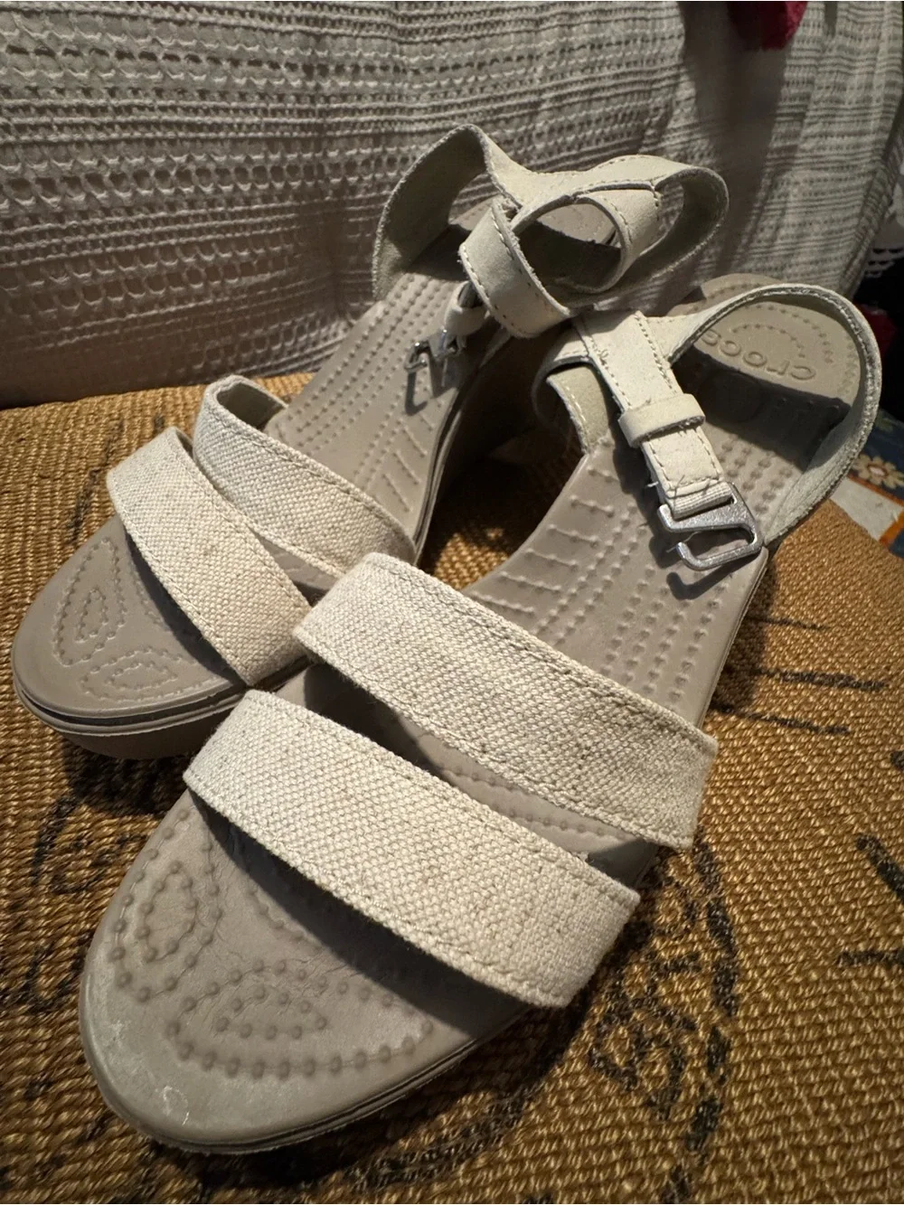 CROCS Women's Light Cream Wedge Sandals with Adjustable Strap